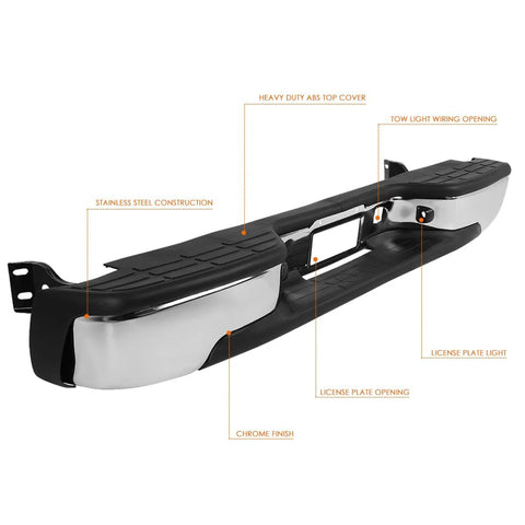 PM Performotor rear step bumper with license plate lights, chrome finish, for Silverado/GMC Sierra.