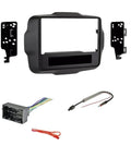 Double Din Car Stereo Install Kit With Wire Harness And Antenna Adapter For 2015 2017 Renegade Sport And 2018 2020 Renegade Sport Or Upland Base Radio Aftermarket Dash Kit Plug And Play Installation, showing mounting brackets, wiring harness, and antenna adapter.
