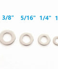 Seven 304 stainless steel flat washers in assorted sizes: 1/2, 3/8, 5/16, 1/4, 10#, 8#, 6#