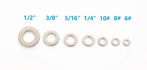 Seven 304 stainless steel flat washers in assorted sizes: 1/2, 3/8, 5/16, 1/4, 10#, 8#, 6#