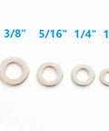 Flat Washers One Quarter Inch Stainless Steel 304 Pack Of 100 Heavy Duty Pro Grade Durable Hardware Spacers For Furniture DIY Projects And Automotive Applications displayed with size comparisons