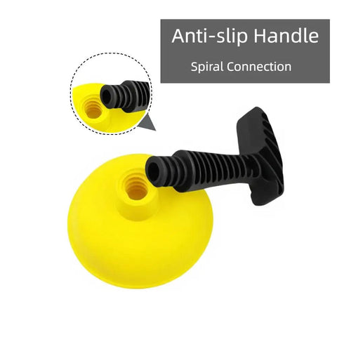 Real Heavy Duty Sink Plunger Paired With Three Flexible Drain Snakes To Knock Out Stubborn Clogs Fast Without Any Drama For Smooth Flow In Bathrooms Kitchens And Showers Solid Gear, yellow rubber cup with anti-slip handle.