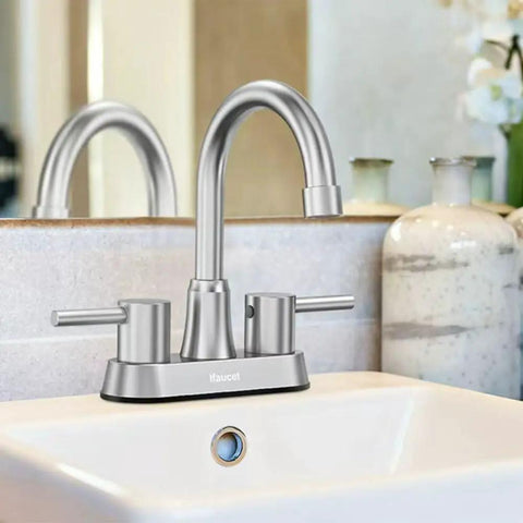 Brushed Nickel 4 Inch Centerset Bathroom Faucet With 2 Handles, Lead Free SUS304 Stainless Steel, Copper Pop Up Drain