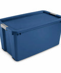 Massive 45 Gallon Rolling Storage Tote With Easy Glide Wheels To Tackle Heavy Hauling Tasks Without Breaking A Sweat Plus Stackable Design For Sweet Organization Solutions In Blue, shown from the side.