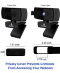 Solid 1080p Autofocus Webcam With Built In Mic For Laptop And Desktop, showing privacy cover open and closed, detail measurements included.