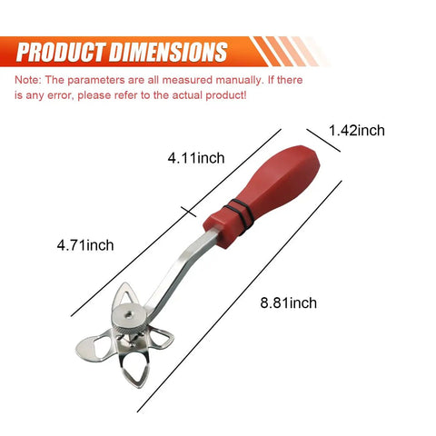 Windshield Lock Strip Tool Kit With Four Heads For Easy Seal Trim Removal, stainless steel tool with red handle, dimensions shown
