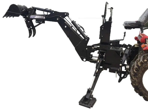 Heavy Duty Workhorse Backhoe Attachment For Tractors With 15 Inch Bucket PTO Pump And Tank Six Foot Digging Depth 180 Degree Swing Cat One Three Point Hitch Reach Ninety Inches Farm Ready For Eighteen To Twenty Five HP Tractors
