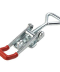 Heavy Duty Galvanized Toggle Latch Handle With 100 Kilogram Clamp Force For Secure Cabinets Tool Chests And Transport Cases Featuring Thick 2mm Steel Build For Maximum Hold And Tough Everyday Use Without Ripping Open, red grip