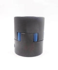 Waterjet booster pump shaft coupling, black cylindrical housing with blue inserts, close-up view.