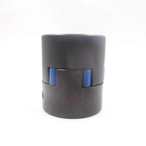 Waterjet booster pump shaft coupling, black cylindrical housing with blue inserts, close-up view.