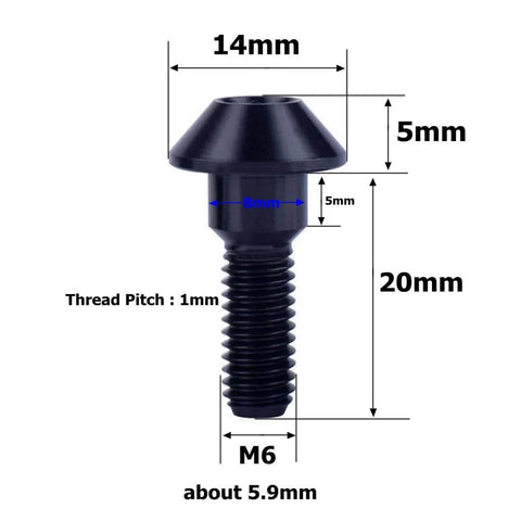 Diagram showing dimensions of Titanium M6x20mm Allen Head Brake Disc Bolt in black finish with measurements.