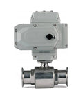 Top Shelf Rugged Motorized Sanitary Ball Valve With Built Tough Electric Actuator For No Sweat Water Liquid Steam Control In Heavy Duty DN100 Pipelines, front view showing electric actuator.