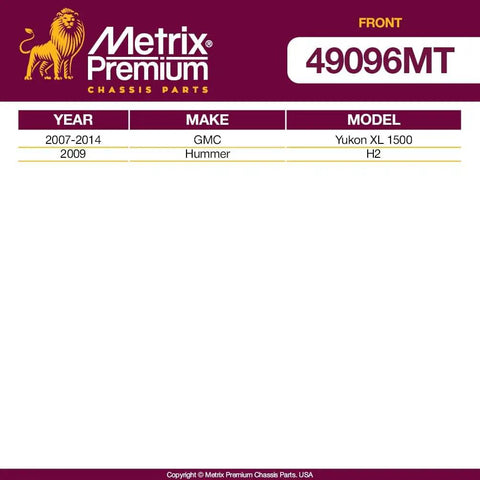 Metrix car parts label for GMC and Hummer models from 2007-2014 and 2009, detailing Front Stabilizer Bar Bushing Kit.