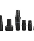 Universal Vacuum Hose Adapter Kit Quick Connect Reducer Set For Reusing Old Attachments Converts One And A Half Inch To One And A Quarter Inch And One And Three Eighths Inch To One And A Quarter Inch Dust Port Adapters, showing multiple black adapter pieces in different sizes arranged side by side.
