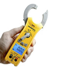 Person holding Compact HVACR Clamp Meter With True RMS Temperature Capacitance And Backlight For Field Service Go To Pro Grade Build