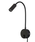 Plug In LED Reading Lamp Wall Sconce 3W Warm White 3000K Bead Lens Soft Light Flexible Gooseneck Black Finish with Switch