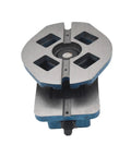 Three Inch Heavy Duty Milling Vise With Bullseye Precision Clamping flat metal base and slots for secure clamping in workshop tasks.