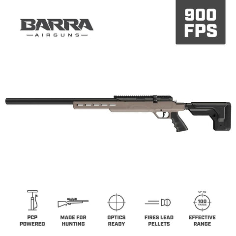 PCP Air Rifle .25 Caliber Bolt Action with 1000 FPS, 10 Shot Magazine, tan design side view for targeting and small game