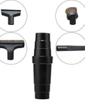 Black ABS vacuum hose adapter with four attachments: flat floor nozzle, wide brush, small round brush, and slim nozzle