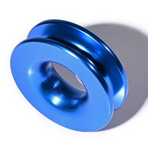Shiny blue anodized aluminum recovery snatch ring from Four Pack One Half Inch Green Synthetic Soft Shackle Rope With Protective Sleeve