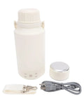 Portable Electric Water Boiler Kettle Slick One Liter Build With Precise Temp Dial And Auto Shut Off Switch Built For Road Trips and On The Go Caffeine Runs Includes US Standard Plug, components include kettle, temperature dial, strap, and power cord.