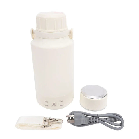 Portable Electric Water Boiler Kettle Slick One Liter Build With Precise Temp Dial And Auto Shut Off Switch Built For Road Trips and On The Go Caffeine Runs Includes US Standard Plug, components include kettle, temperature dial, strap, and power cord.