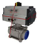 Side view of Three Piece 2 Inch Pneumatic Actuated Ball Valve With Threaded Ends 304 Stainless Steel Double Acting Globe Valve For Automatic Control System Heavy Duty Flow Control showing dimensions