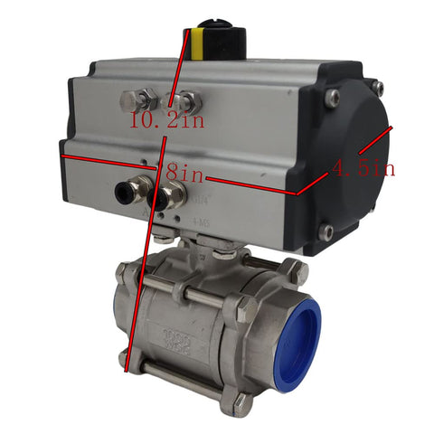 Side view of Three Piece 2 Inch Pneumatic Actuated Ball Valve With Threaded Ends 304 Stainless Steel Double Acting Globe Valve For Automatic Control System Heavy Duty Flow Control showing dimensions