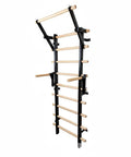 Home Gym Pull Up Ladder Stall Bar with stable wall mount frame and wood rungs for climbing and mobility training, black and wood design.