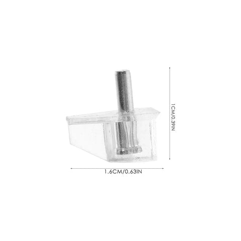 Close-up of 100 Pieces Plastic Cabinet Shelf Pegs Dead Easy To Use Locking Shelf Pins, transparent, with size dimensions