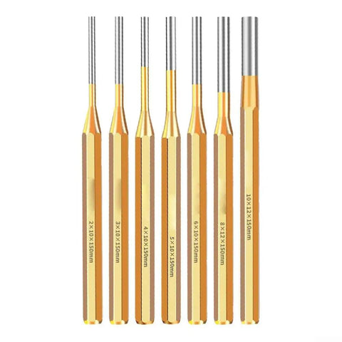 Solid Minhe 7 Piece Punch Set Includes Roll Pin And Chisel Tools Plus Marking Scribe For Watch Repair, Machinery Maintenance, DIY Jobs With Gold Alloy Steel Handle That Is Super Grip Friendly, 150mm
