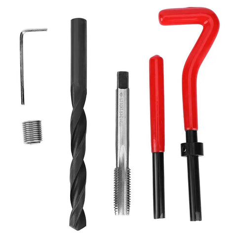 Ultimate M10x1.5 Thread Repair Kit Includes Twisted Drill Tap Wrench Plus 12 Premium Stainless Steel Helicoil Inserts For Fixing Stripped Threads In Cars And Heavy Duty Equipment That Lasts The Distance, shown with drill, tap, inserts, and wrenches