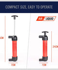 Emergency Siphon Fuel Transfer Pump Kit For Gas Oil And Liquids, red vertical pump with handle, size measurements visible