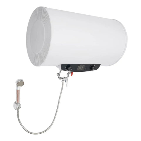 18.5 Gallon Horizontal Electric Hot Water Heater With Slick Wall Mount Hardware And Clear Temperature Display mounted on wall.