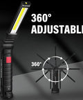 Must-Have Rechargeable LED Work Light For Mechanics With Magnetic Base And Hook, 360° rotating head shown, anti-slip grip