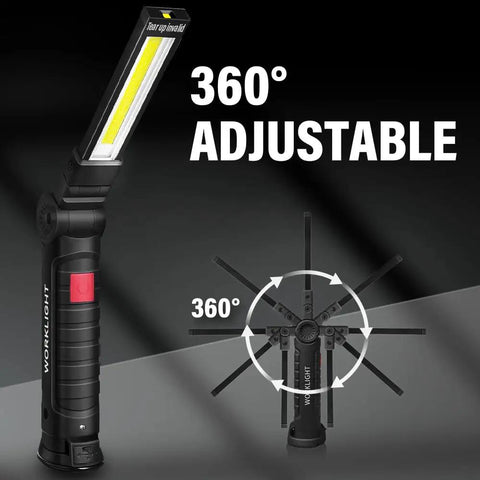 Must-Have Rechargeable LED Work Light For Mechanics With Magnetic Base And Hook, 360° rotating head shown, anti-slip grip