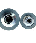 Front view: two motor brake discs with gray friction surfaces and toothed metal hubs (BFK458-25E).