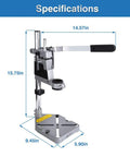 Benchtop Drill Press Stand With Adjustable Vertical And Horizontal Mount for home workshop, showing dimensions and design.