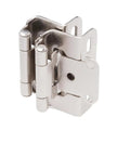 Two Pack One Half Inch Self Closing Spring Hinge For Kitchen Cabinets And Furniture Hardware Semi Hidden Cover Hinges Satin Nickel Finish Delivers Smooth Soft Close Action For Long Lasting Use in satin nickel, front view.