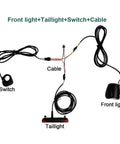 Premium Ebike Light Set Fits 12-72V Systems Includes Super Bright Front Headlamp And Rear Taillight For Night Riding Stability No Converter Needed Durable Build For All E Bike Models Out There. Front light, taillight, switch and cable set on white background