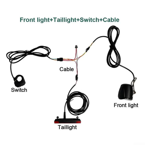 Premium Ebike Light Set Fits 12-72V Systems Includes Super Bright Front Headlamp And Rear Taillight For Night Riding Stability No Converter Needed Durable Build For All E Bike Models Out There. Front light, taillight, switch and cable set on white background