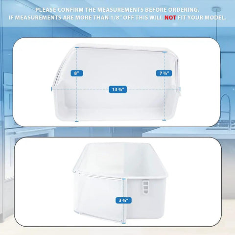 Dimensions of Upgraded Right Side Door Shelf Bin Replacement For Refrigerator with side and front views shown.