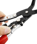 Close-up of 3 Piece Hose Clamp Pliers Set with 45 Degree Angle Flat Belt Plier, showing red handle and metal jaw detail.