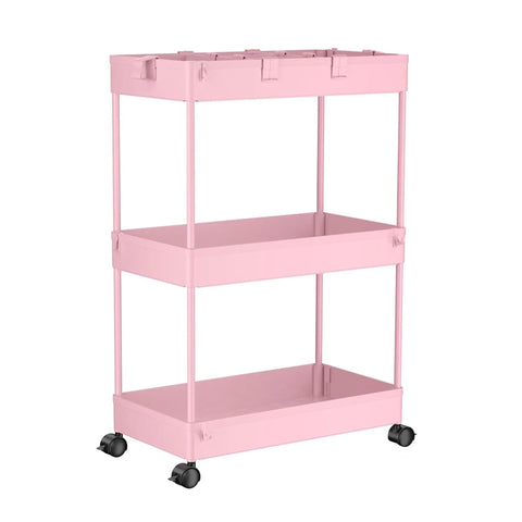 Three Tier Rolling Cart With Wheels Storage Organizer With Casters 3 Hanging Baskets Easy Assembly Perfect For Kitchen Office Living Room Laundry Pink