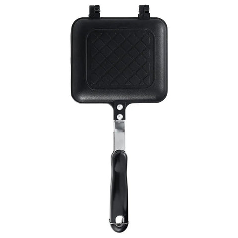 Durable Aluminum Grilled Sandwich Maker For Stovetop Use. Non-Stick Toastie Press Grill with black handle and square plates.