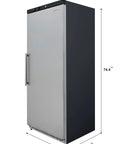 Top Shelf Commercial Workhorse Refrigerator With Heavy Duty Stainless Exterior And No Sweat Temperature Control For Busy Cafes Restaurants And Catering Services, upright design, 19.2 cu ft, dimensions shown.