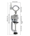 360 Degree Swivel Vise With Heavy Duty Aluminum Base showing measurements and adjustable clamp features