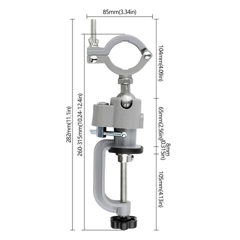 360 Degree Swivel Vise With Heavy Duty Aluminum Base showing measurements and adjustable clamp features