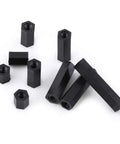 Order 100 M3 Female To Female Hex Nylon Standoff Spacers Black Pillars For Circuits And Machinery Mounting shown in multiple angles.