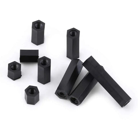 Order 100 M3 Female To Female Hex Nylon Standoff Spacers Black Pillars For Circuits And Machinery Mounting shown in multiple angles.